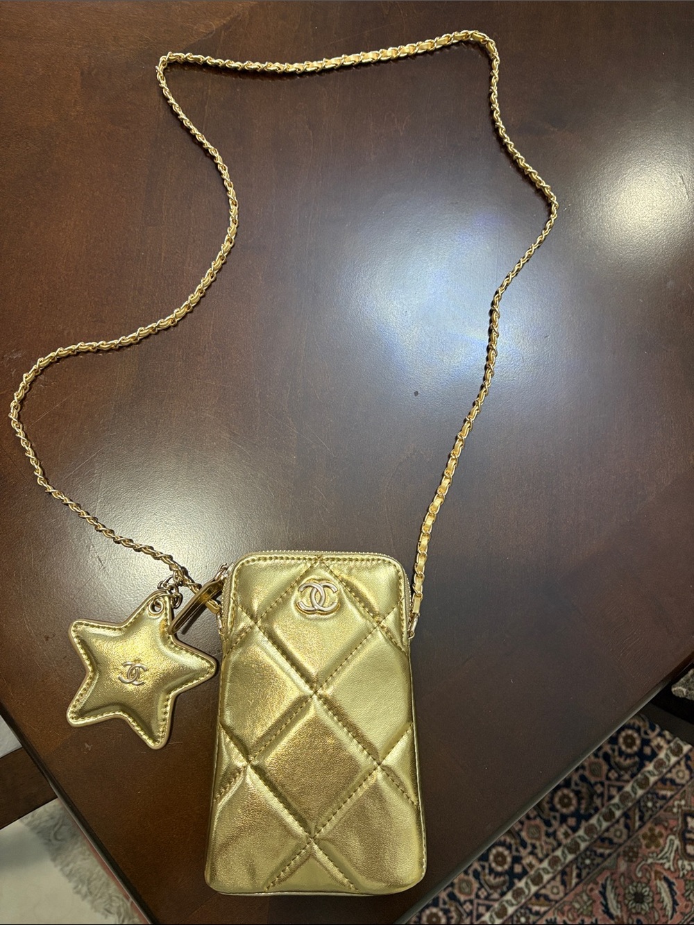 BRAND NEW! CHANEL Gold Quilted Leather Crossbody Phone Pouch with Star Charm